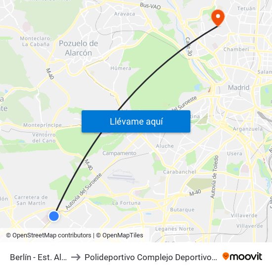 Berlín - Est. Alcorcón Central to Polideportivo Complejo Deportivo Nuestra Señora De La Almudena map