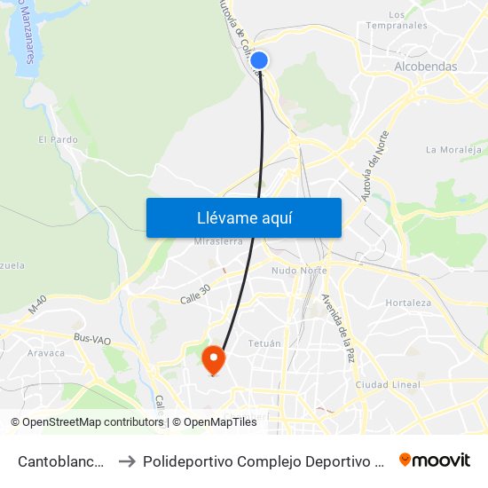 Cantoblanco Universidad to Polideportivo Complejo Deportivo Nuestra Señora De La Almudena map
