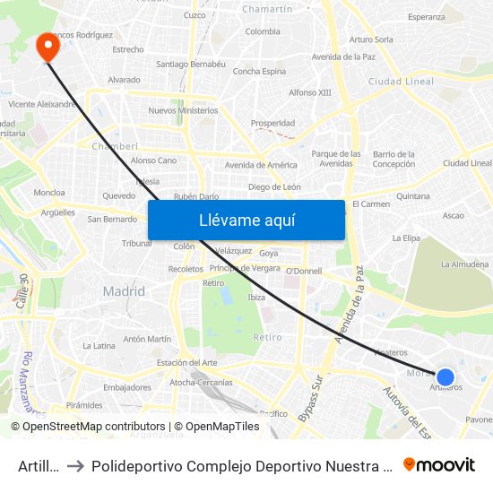 Artilleros to Polideportivo Complejo Deportivo Nuestra Señora De La Almudena map