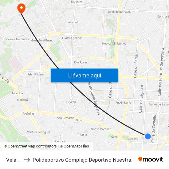 Velázquez to Polideportivo Complejo Deportivo Nuestra Señora De La Almudena map