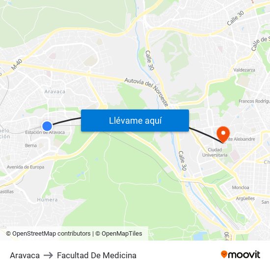 Aravaca to Facultad De Medicina map