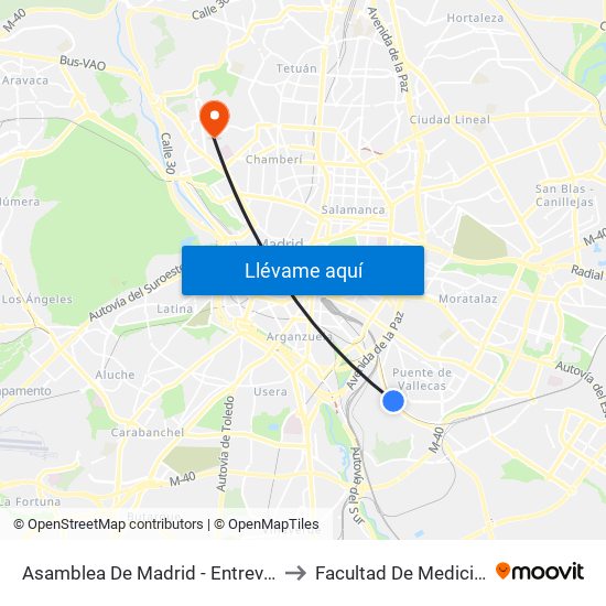 Asamblea De Madrid - Entrevías to Facultad De Medicina map