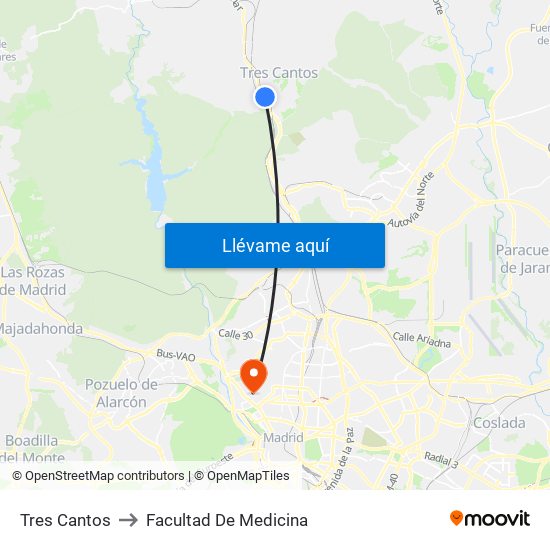 Tres Cantos to Facultad De Medicina map