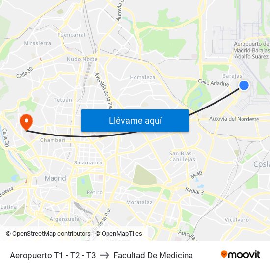 Aeropuerto T1 - T2 - T3 to Facultad De Medicina map