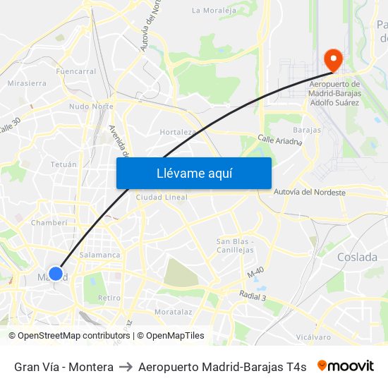 Gran Vía - Montera to Aeropuerto Madrid-Barajas T4s map