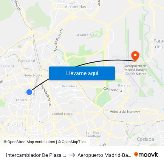 Intercambiador De Plaza De Castilla to Aeropuerto Madrid-Barajas T4s map