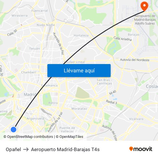 Opañel to Aeropuerto Madrid-Barajas T4s map