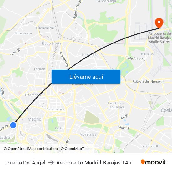 Puerta Del Ángel to Aeropuerto Madrid-Barajas T4s map