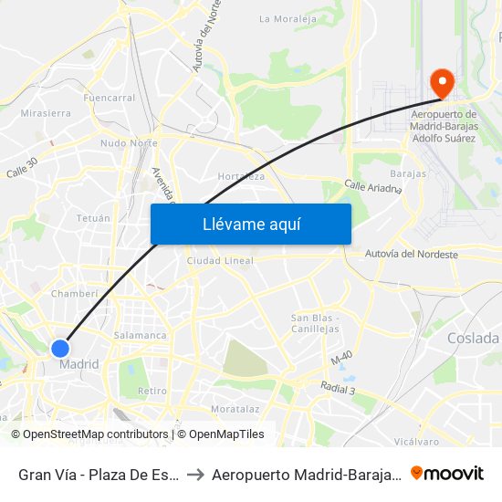 Gran Vía - Plaza De España to Aeropuerto Madrid-Barajas T4s map