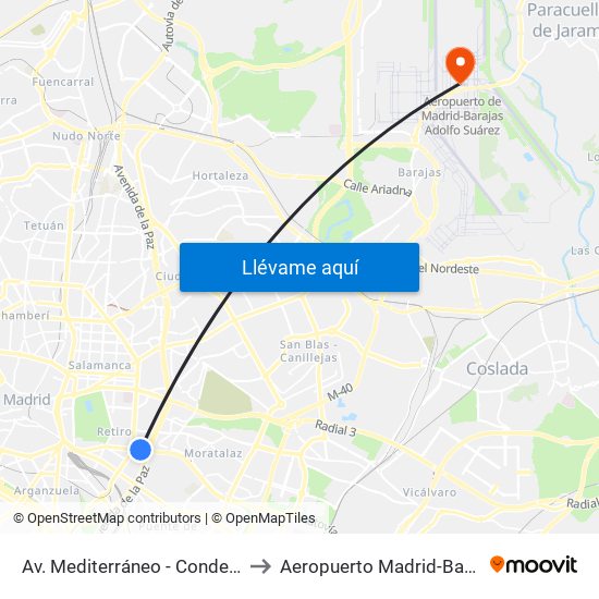 Av. Mediterráneo - Conde De Casal to Aeropuerto Madrid-Barajas T4s map