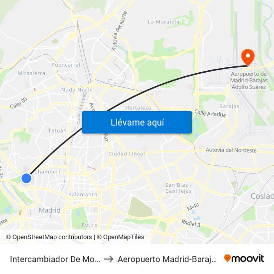 Intercambiador De Moncloa to Aeropuerto Madrid-Barajas T4s map