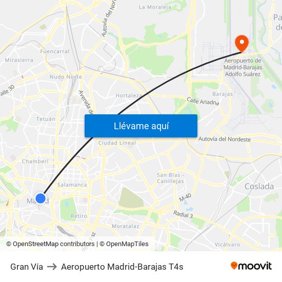 Gran Vía to Aeropuerto Madrid-Barajas T4s map