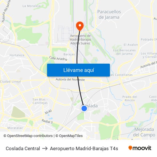 Coslada Central to Aeropuerto Madrid-Barajas T4s map