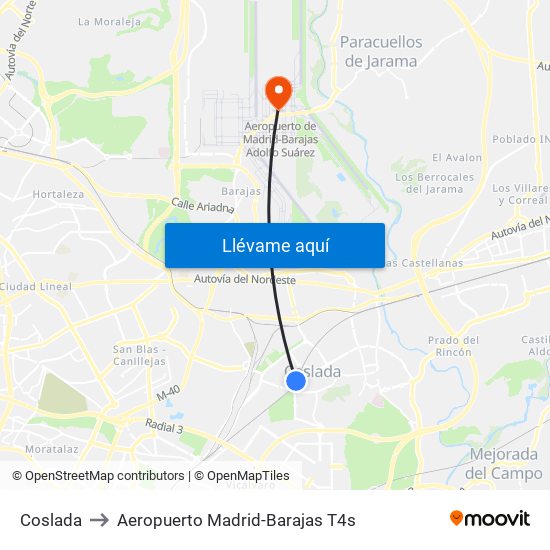 Coslada to Aeropuerto Madrid-Barajas T4s map