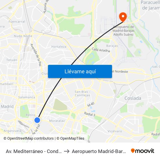 Av. Mediterráneo - Conde Casal to Aeropuerto Madrid-Barajas T4s map