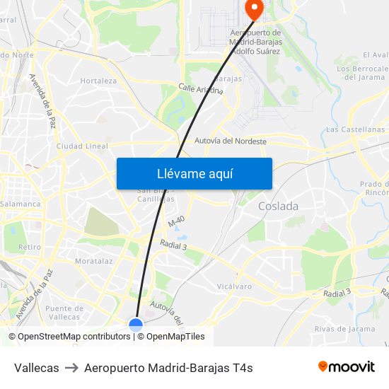 Vallecas to Aeropuerto Madrid-Barajas T4s map