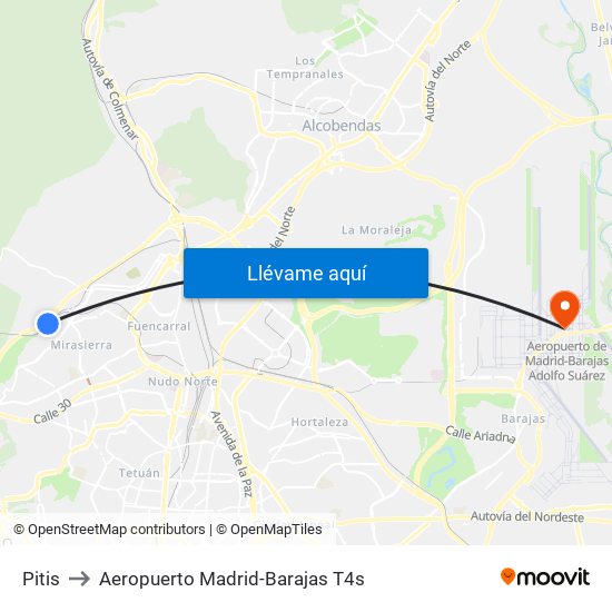 Pitis to Aeropuerto Madrid-Barajas T4s map