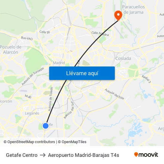 Getafe Centro to Aeropuerto Madrid-Barajas T4s map