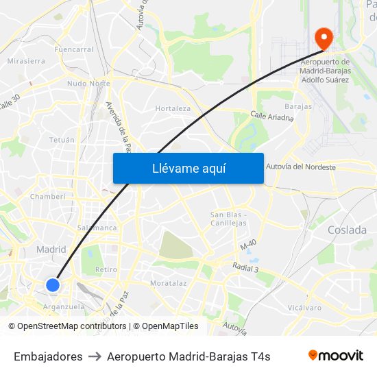 Embajadores to Aeropuerto Madrid-Barajas T4s map