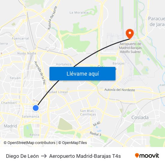 Diego De León to Aeropuerto Madrid-Barajas T4s map