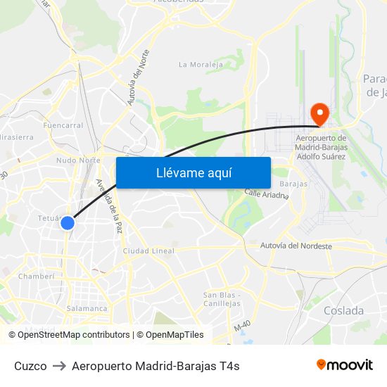 Cuzco to Aeropuerto Madrid-Barajas T4s map