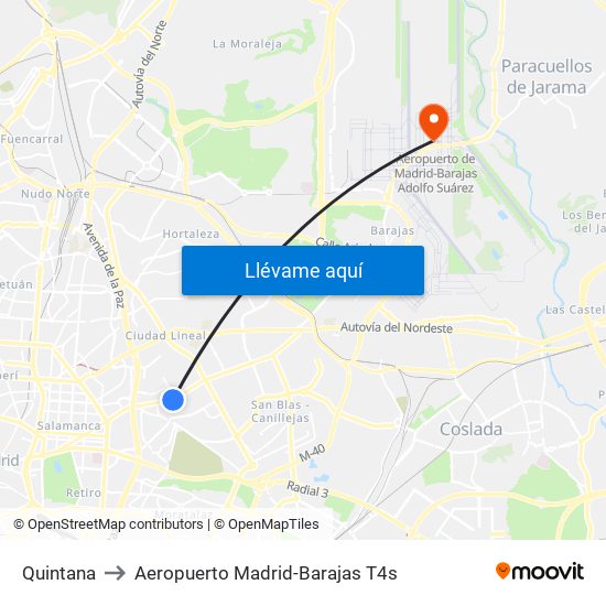 Quintana to Aeropuerto Madrid-Barajas T4s map