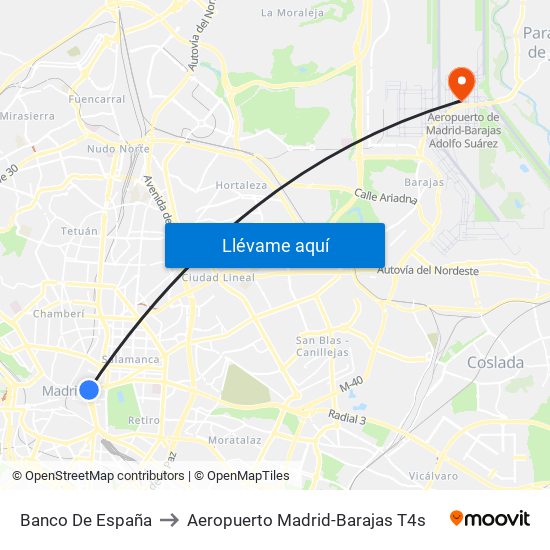 Banco De España to Aeropuerto Madrid-Barajas T4s map