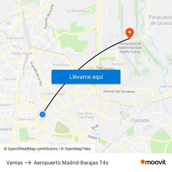 Ventas to Aeropuerto Madrid-Barajas T4s map