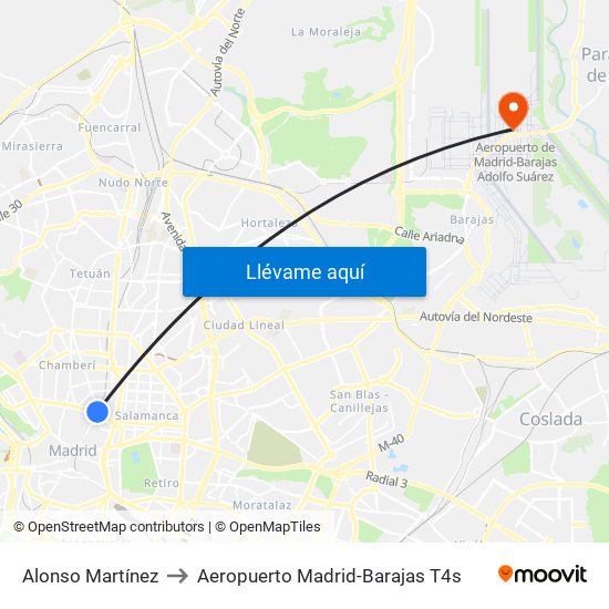 Alonso Martínez to Aeropuerto Madrid-Barajas T4s map