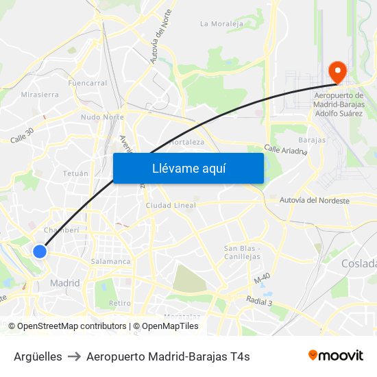 Argüelles to Aeropuerto Madrid-Barajas T4s map