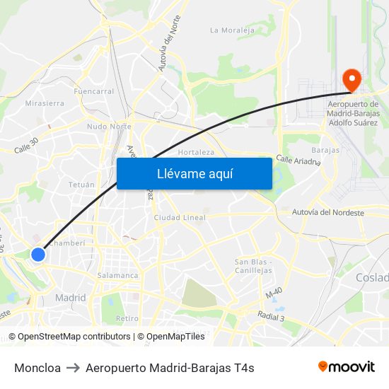 Moncloa to Aeropuerto Madrid-Barajas T4s map