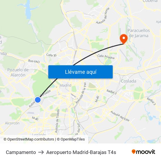 Campamento to Aeropuerto Madrid-Barajas T4s map