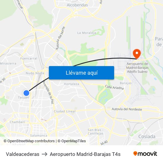 Valdeacederas to Aeropuerto Madrid-Barajas T4s map