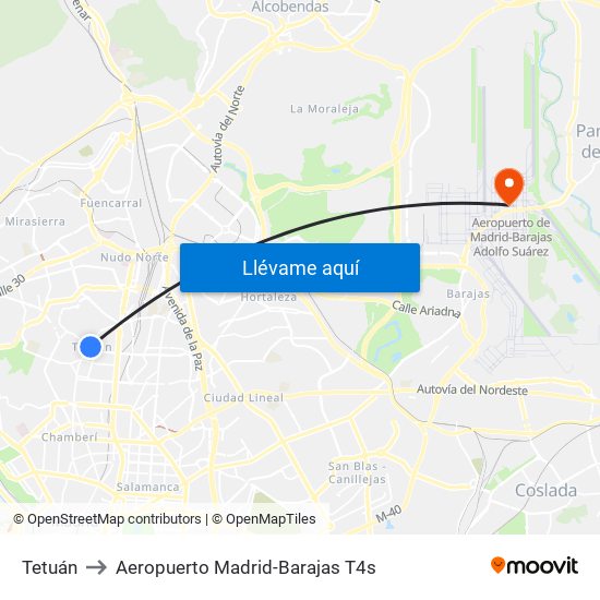 Tetuán to Aeropuerto Madrid-Barajas T4s map