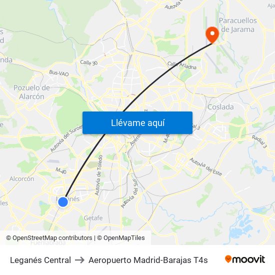 Leganés Central to Aeropuerto Madrid-Barajas T4s map