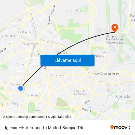 Iglesia to Aeropuerto Madrid-Barajas T4s map