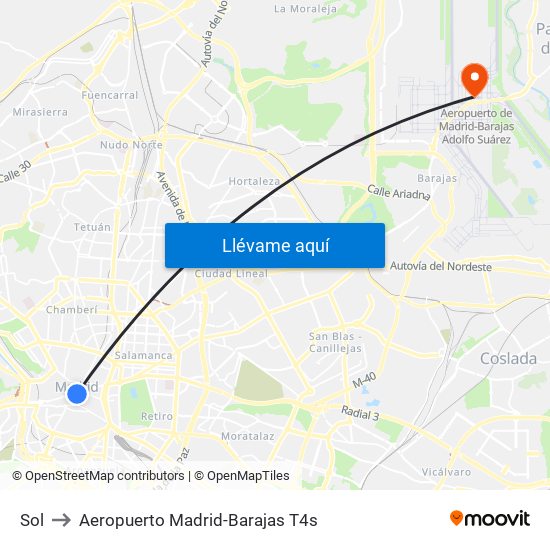 Sol to Aeropuerto Madrid-Barajas T4s map