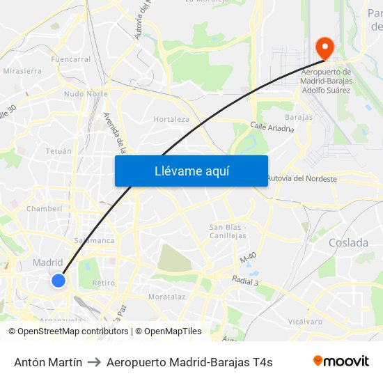 Antón Martín to Aeropuerto Madrid-Barajas T4s map