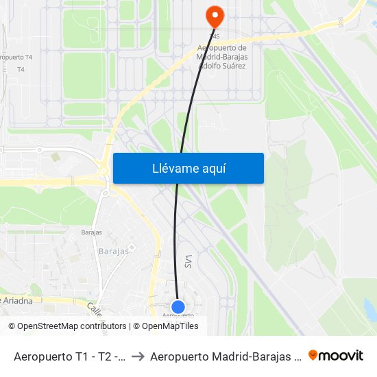 Aeropuerto T1 - T2 - T3 to Aeropuerto Madrid-Barajas T4s map
