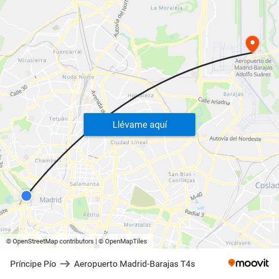 Príncipe Pío to Aeropuerto Madrid-Barajas T4s map