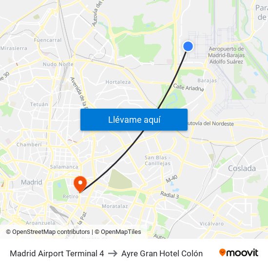Madrid Airport Terminal 4 to Ayre Gran Hotel Colón map