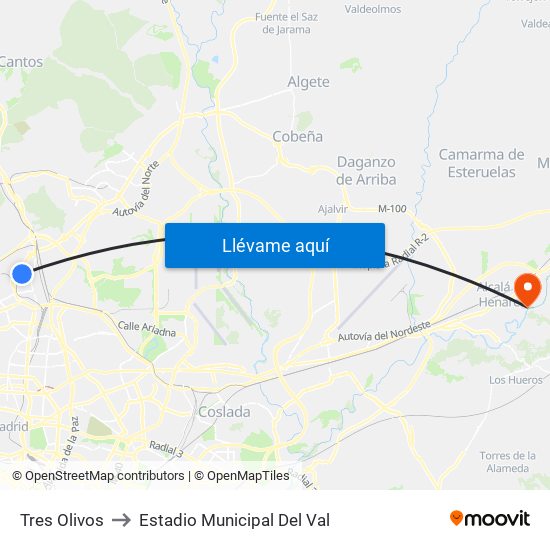 Tres Olivos to Estadio Municipal Del Val map