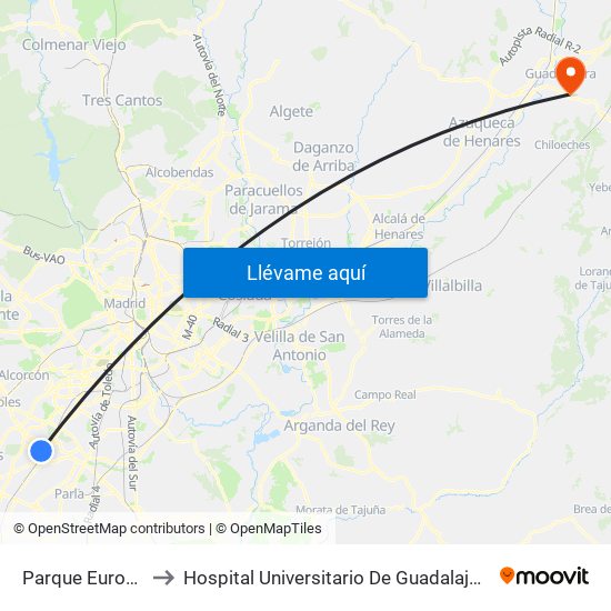 Parque Europa to Hospital Universitario De Guadalajara map