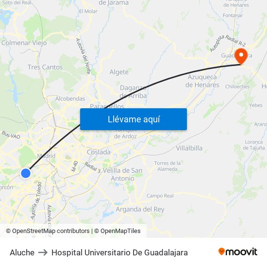 Aluche to Hospital Universitario De Guadalajara map