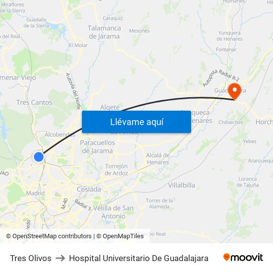 Tres Olivos to Hospital Universitario De Guadalajara map