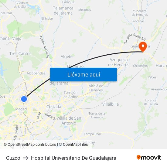 Cuzco to Hospital Universitario De Guadalajara map