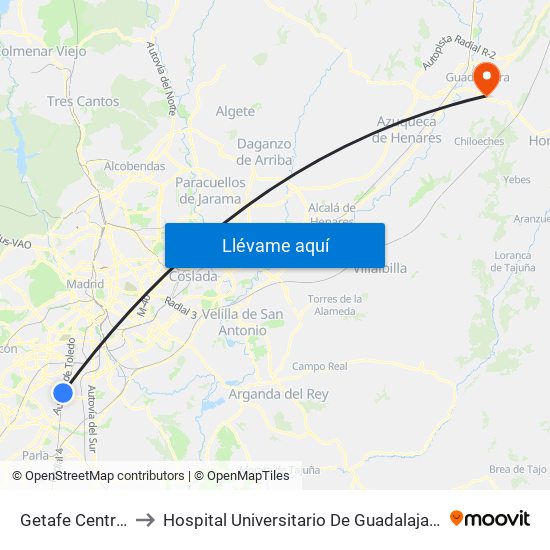 Getafe Central to Hospital Universitario De Guadalajara map