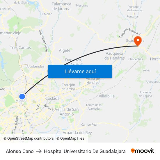 Alonso Cano to Hospital Universitario De Guadalajara map