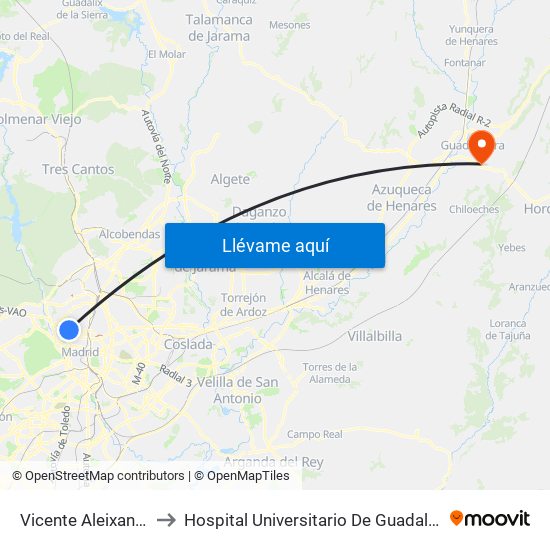 Vicente Aleixandre to Hospital Universitario De Guadalajara map