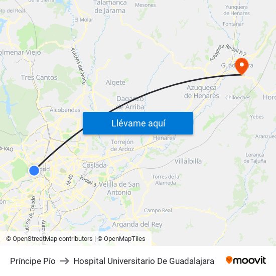 Príncipe Pío to Hospital Universitario De Guadalajara map